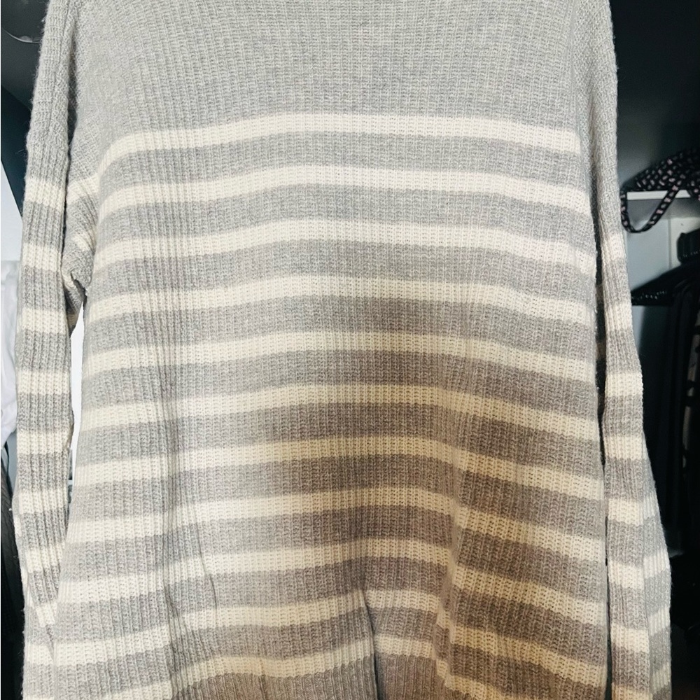 Ann Taylor Gray and Cream Striped Sweater